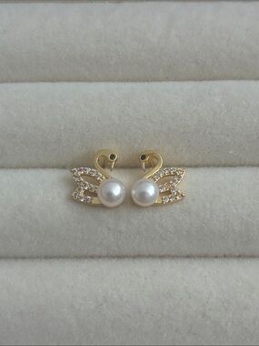 Gold Swan Pearl Stud Earrings with Crystal Wings - Women's Jewelry
